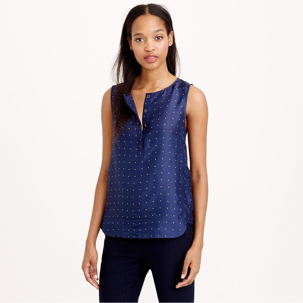 NWoT J.Crew Silk Popover in Navy Polka Dot